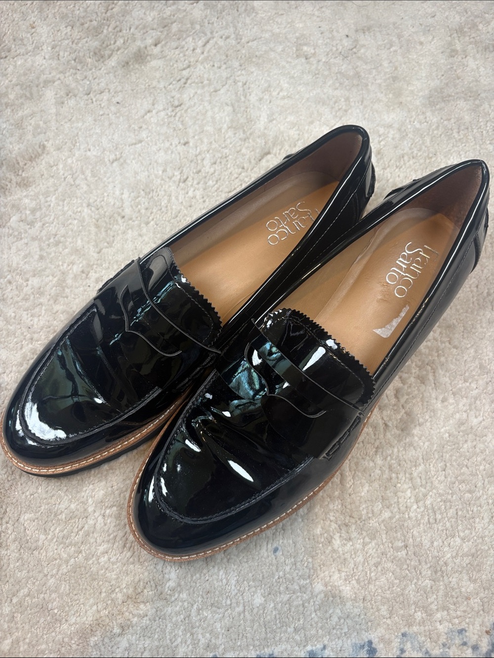 Franco Sarto Black Patent Penny Loafers with Tan Insole